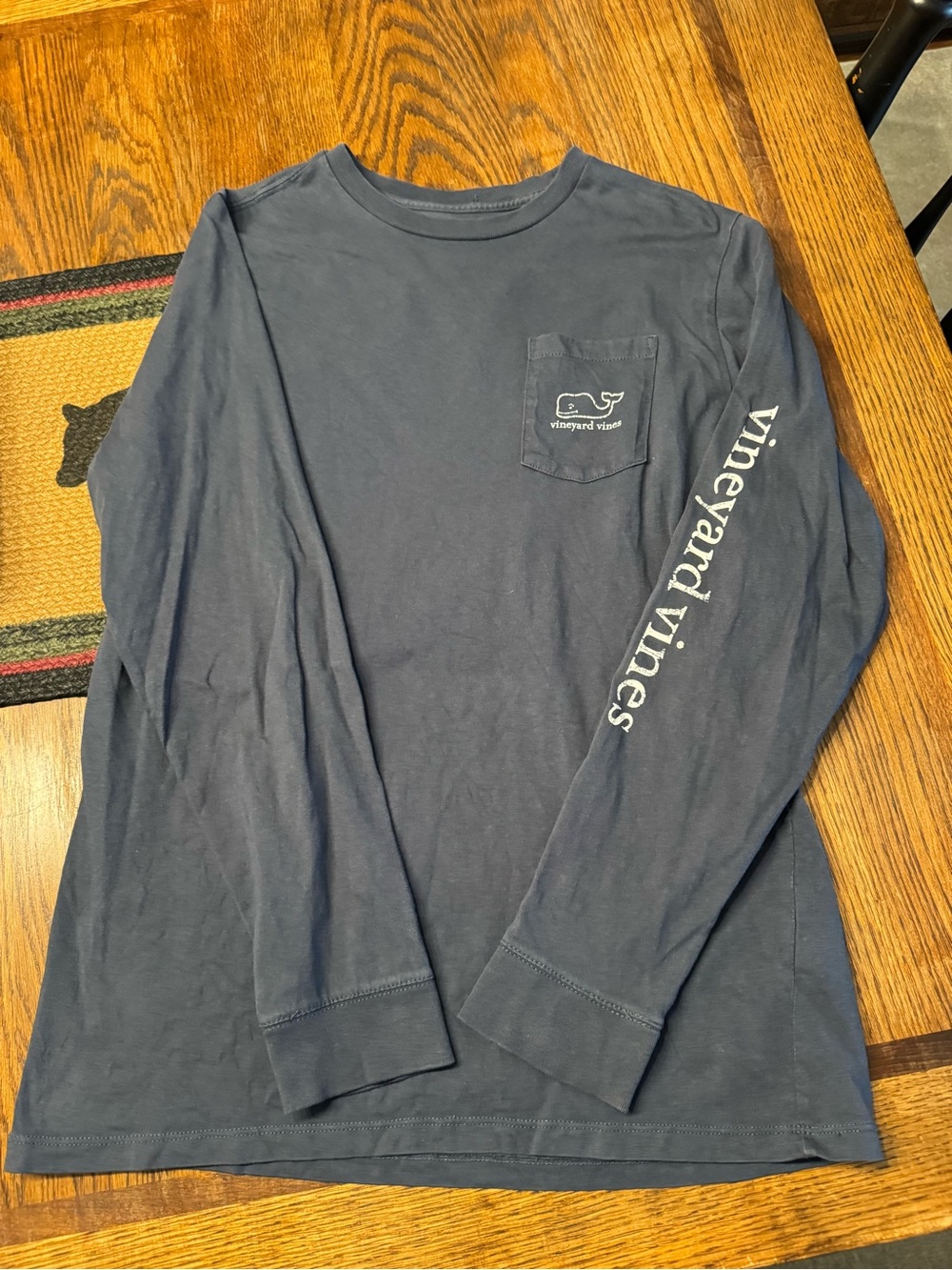 Vineyard Vines Navy Long-Sleeve Pocket Tee with White Sleeve Text